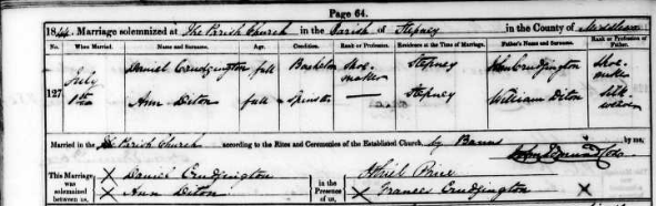 Marriage record for Daniel Crudgington and Ann Diton in 1844