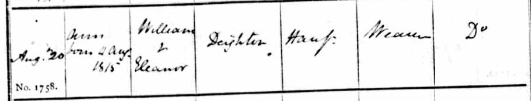 Ann Dighton born 4th August 1815, baptised 20th August, daughter of William and Eleanor Dighton, weaver of Hare Street