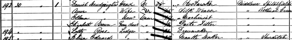 Ann Crudgington nee Dighton in the 1881 census living at 30 Baxendale Street, Bethnal Green, with her husband Daniel, daughter Elena, granddaughter, Elizabeth Brown and lodgers.
