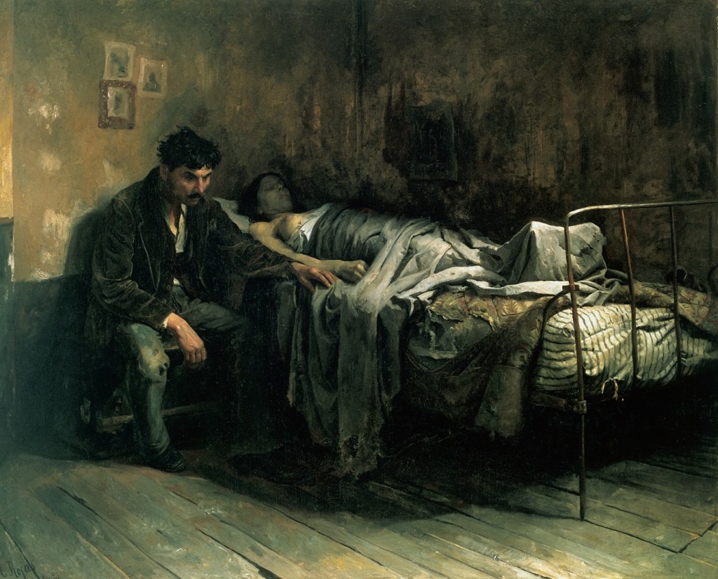 A painting that shows a wife in bed very ill with tuberculosis and her husband seated next to it with one hand on the bed. The room is bare apart from the clair and iron bedstead. 