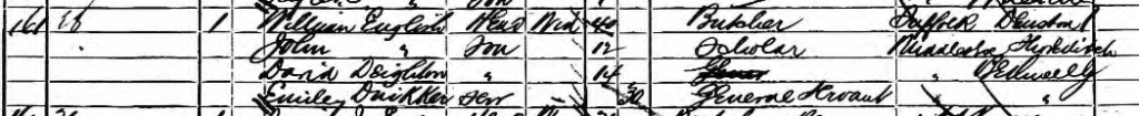 England census record for 1881 showing David Dighton living with his stepfather, William English and younger half-brother John.