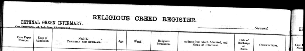 Bethnal Green Infirmary Religious Creed Register banner